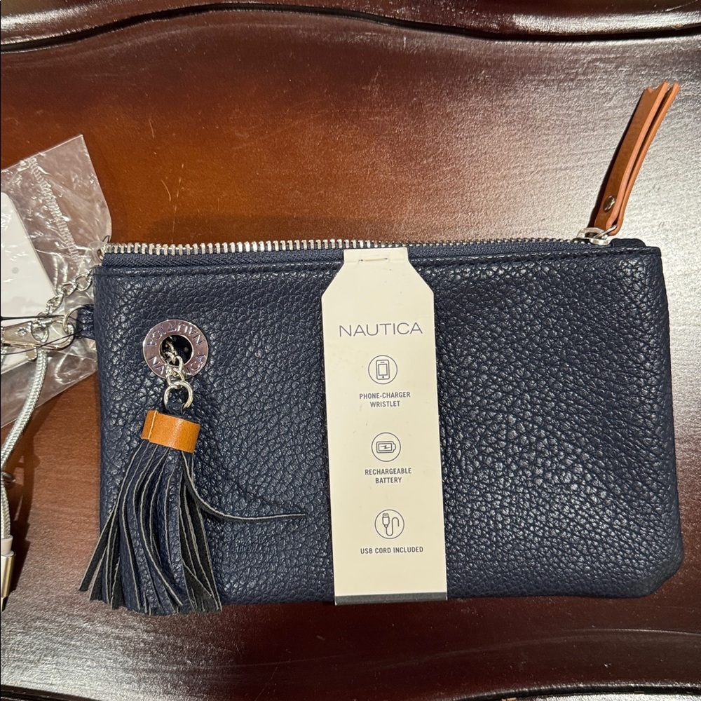 NWT Nautica navy and brown Wristlet with Tassel